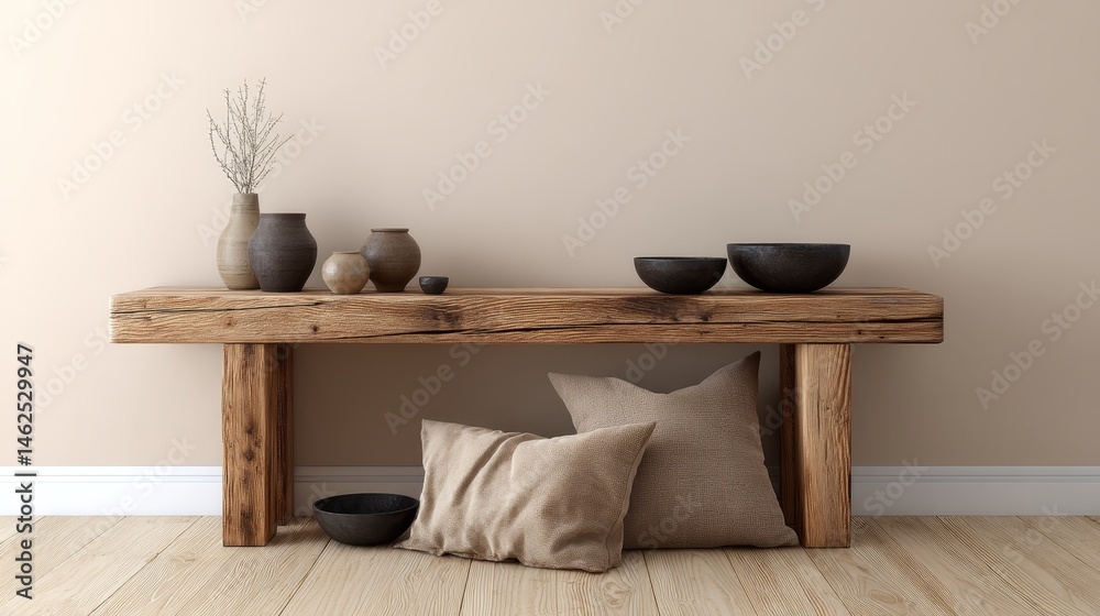 Poster warm-toned minimalist studio showcases a vintage wooden bench adorned with ceramics and soft cushion