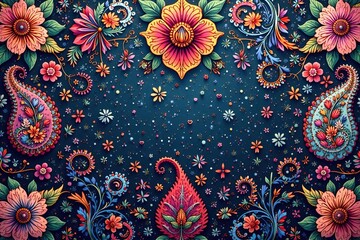 Intricate paisley floral pattern in vibrant hues, surface, textile, luxury