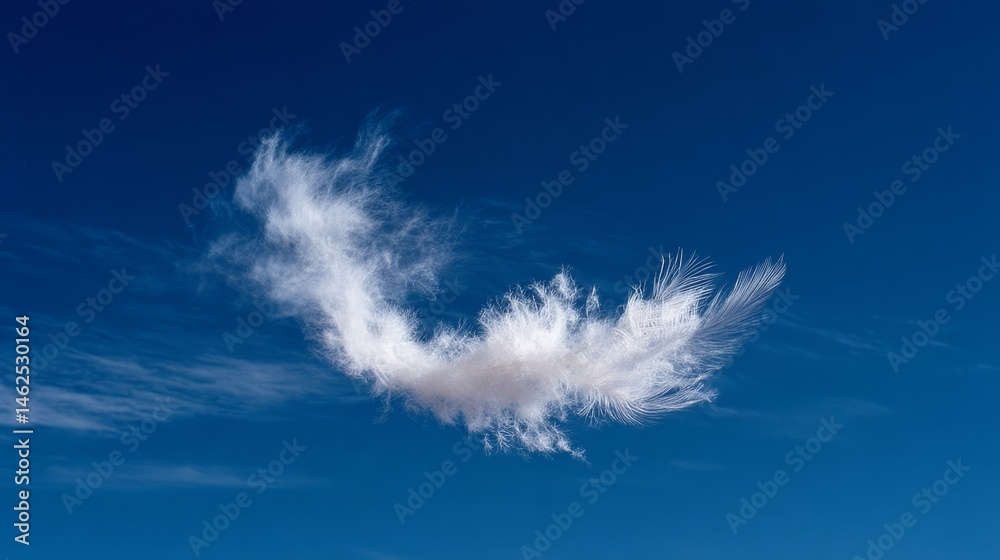 Poster a fluffy cloud shaped like a feather gracefully drifts in a deep blue sky, creating a serene atmosph