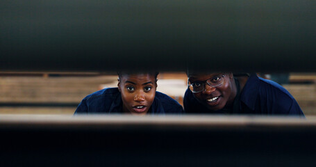 Team, wood and planning with black people in factory for furniture production, timber choice and...