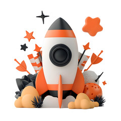 Whimsical rocket launching into a starry sky