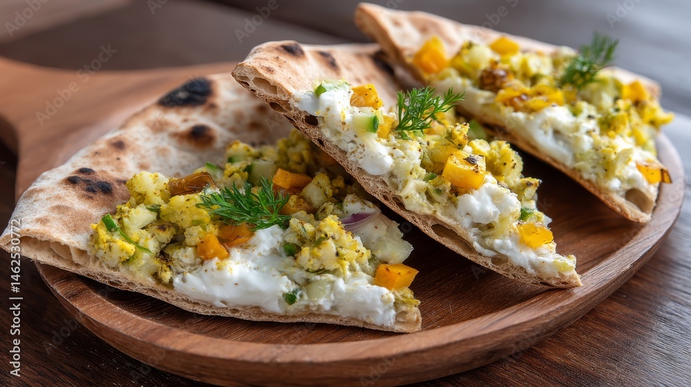 Poster round flatbread topped with colorful vegetables is showcased in a warm and inviting kitchen atmosphe