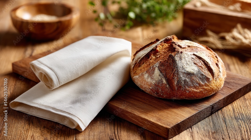 Poster golden crust artisanal bread rests on a wooden board alongside a soft cloth napkin, illuminated by n