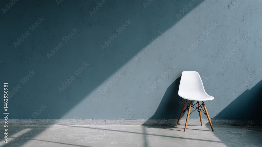 Aufkleber bright ambient light highlights a simple white chair with wooden legs on a light-colored floor, crea