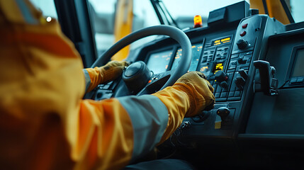 Operator in Protective Gear Driving Industrial Vehicle