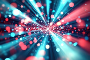 Dynamic, vibrant burst of light rays, radiating outwards from a central point, filled with glowing particles in shades of turquoise, coral, and gold