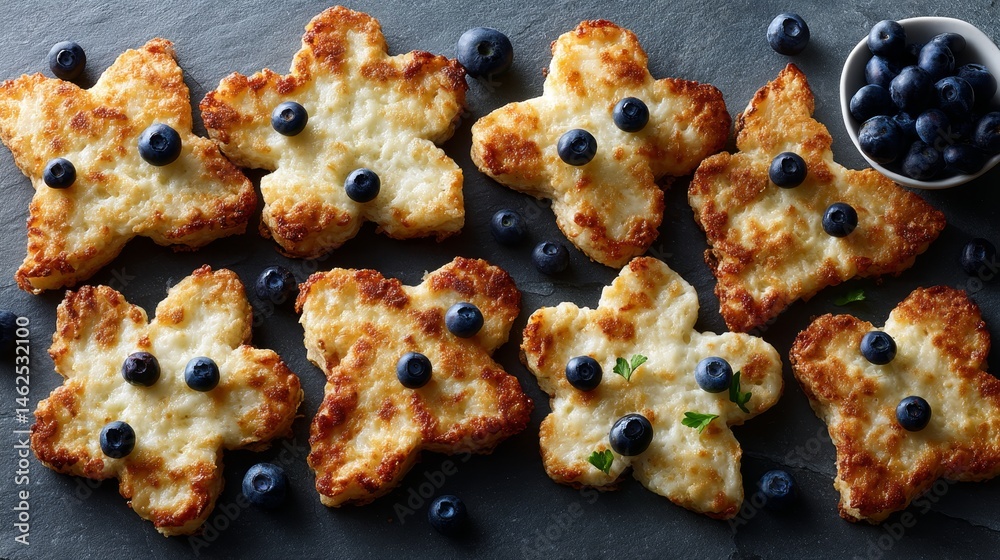 Poster top-down view of clover-shaped pancakes adorned with blueberries, set on a speckled stone countertop