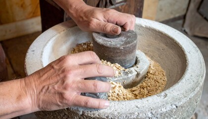 Hands Grinding Whole Wheat in Stone Mill at Farmhouse Kitchen