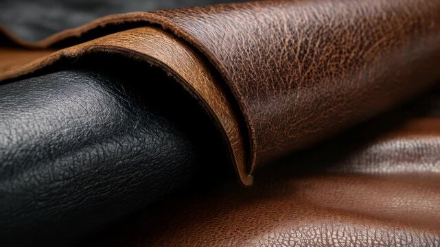 Close-up of folded brown and black leather showing texture, grain, and folds for design or craft concepts and fashion industries product material