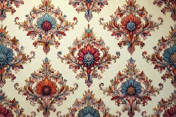 Intricate floral damask pattern in muted tones, beige, fabric