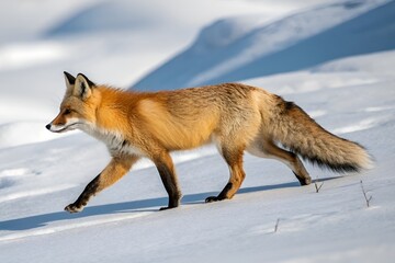 Obraz premium Graceful Red Fox Walking in Snowy Landscape with Vibrant Fur and Winter Lighting
