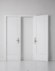 Multiple white doors, various states, against a stark white backdrop ,  home,  frame