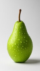 A high-resolution photograph of a fresh green pear with water droplets, isolated on a white background. The pear stands vertically in a vertical 9:16 format, showcasing freshness and detail.