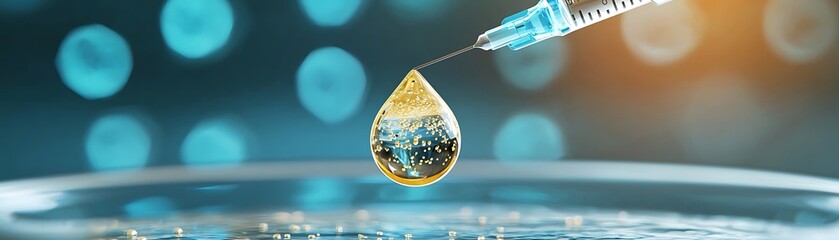 Medical Breakthrough COVID Vaccines Concept, Syringe Injecting Golden Liquid Droplet Close-up