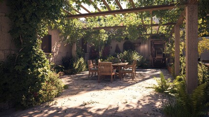 Sunny patio dining, Mediterranean garden, relaxing