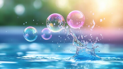 Close up of soap bubbles on water, catching light and forming rainbow colors.