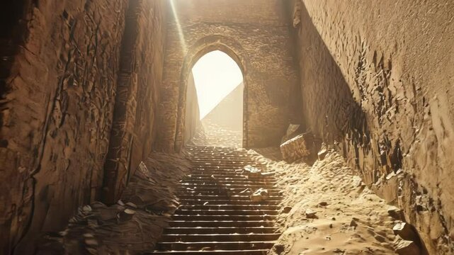 Stone staircase leading to arched entrance with sunlight