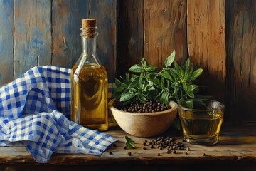 Still life of olive oil, herbs, and peppercorns on a rustic wooden surface