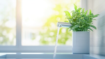 Kitchen sink with faucet sensor to control flow, emphasizing water efficiency technology.