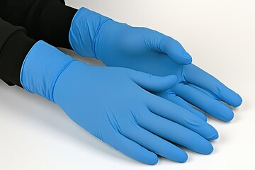 Pair of bright blue nitrile gloves resting on a white surface.  The gloves are shown on hands, with cuffs and detailed finger shapes