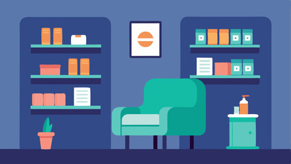 Quiet Area Depict a designated quiet area in the pharmacy where a customer can sit comfortably and relax emphasizing a tranquil environment for those who may feel overwhelmed.