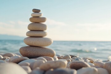 Stone cairn on beach with blurred beach background