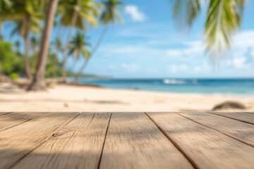 Blurred beach background with wooden foreground