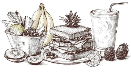 Hand-drawn illustration of healthy lunch with fruit and sandwich.