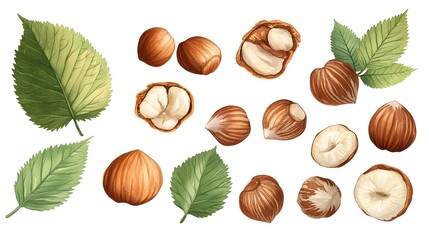 Collection of whole and halved hazelnuts with leaves.