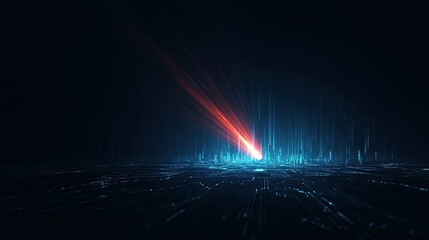 A futuristic scene with a bright light beam illuminating a dark, digital landscape.