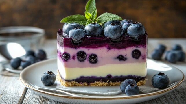 Close-up of a freshly sliced blueberry cheesecake with glossy blueberries on top, vibrant purple and white creamy layers, crumbly crust, placed on rustic wooden table with blurred