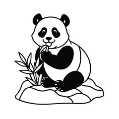 a cute panda munching bamboo while sitting vector art silhouette 