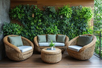 Fototapeta premium Rattan furniture on balcony, green wall, relaxation