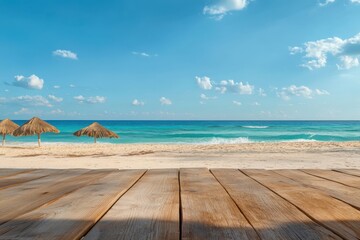 Fototapeta premium Blurred beach background with wooden planks in foreground