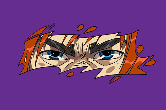 Asian female eyes evil look. Face through the cut. Anime manga style. Japanese cartoon art. Comic book hand drawn vector illustration
