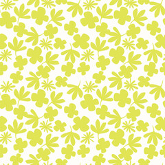 Seamless floral pattern, artistic ditsy print with vintage motif. Elegant botanical design with simple hand drawn plants: small white flowers, leaves on a black background. Vector illustration