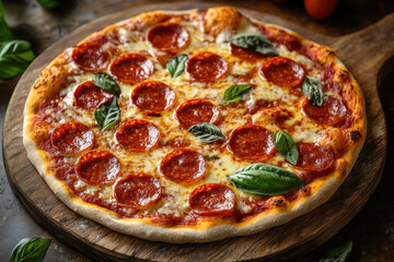 Pepperoni and basil pizza on wooden board.