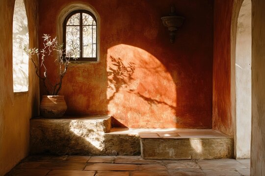 Sunlit interior space with terracotta walls and shadows.
