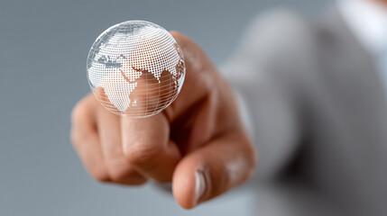 Businessman Pointing at Digital Globe with Data Connections Representing Global Networking and Innovation Strategies