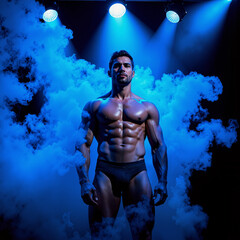 Fototapeta premium a man in a black underwear and trunks standing in front of smoke