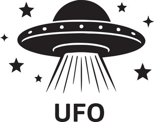 Black and White UFO with Stars and Light Beams