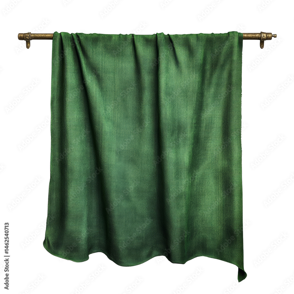 Aufkleber luxurious emerald fabric draping elegantly from a rustic rod on an isolated setting