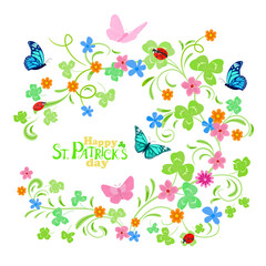 invitation card with floral pattern of clover leaves and tiny flowers. Saint Patrick's Day Card.