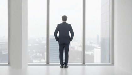 Fototapeta premium A man leaning against a window in his office looking out the window