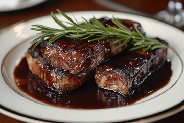 Plate of meat with sprig of rosemary on marble table, soft lighting accentuates rich colors and textures.