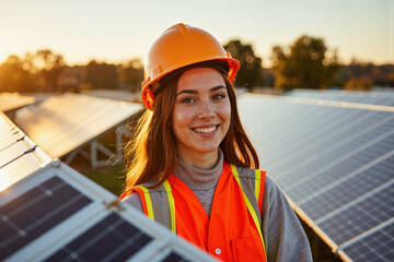 a woman in an orange hard hat and safety vest standing in front of solar panels