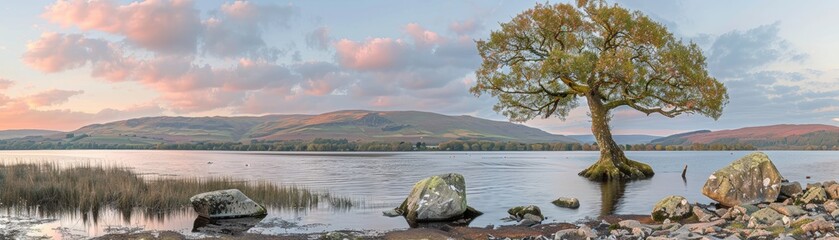 Serene landscape with a lone tree by the water at sunset.