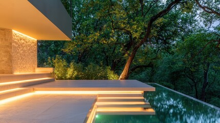 Water pool in a modern backyard with greenery and stone accents