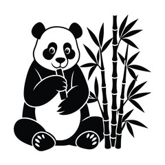 a cute panda sitting against a bamboo vector art silhouette © PuspanjaliRani