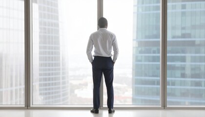 Fototapeta premium A man leaning against a window in his office looking out the window